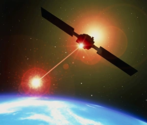 Artwork of a satellite destroying space junk Artwork of a satellite destroying space junk