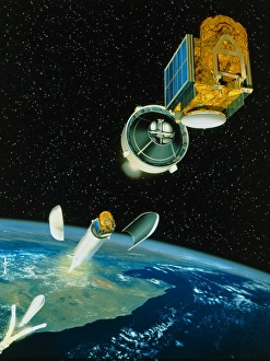 European Space Agency ESA Prints: Artwork of satellite launch sequence of Ariane 5