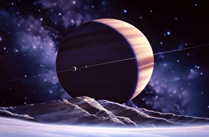 Artwork of Saturn seen from its moon Dione Artwork of Saturn seen from its moon Dione
