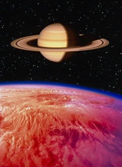 Artwork of Saturn seen from its moon Titan Artwork of Saturn seen from its moon Titan