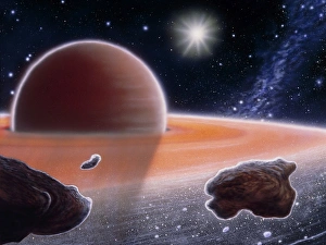 Artwork of shepherd moons in Saturns ring plane Artwork of shepherd moons in Saturns ring plane