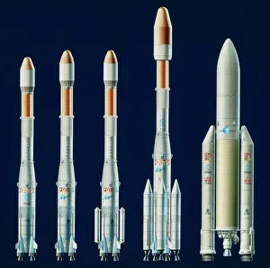 Artwork showing the Ariane series of launchers Artwork showing the Ariane series of launchers