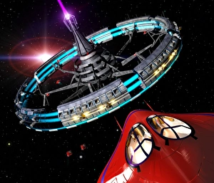 Artwork of a shuttle approaching a space station Artwork of a shuttle approaching a space station