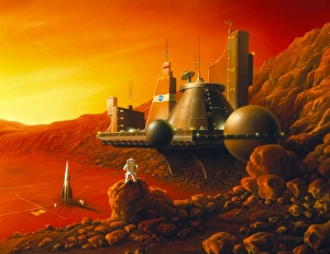 Artwork of a space colony on the surface of Mars Artwork of a space colony on the surface of Mars