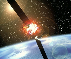 Artwork of space junk colliding with a satellite Artwork of space junk colliding with a satellite