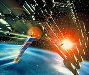 Artwork of space junk colliding with space station Artwork of space junk colliding with space station