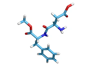Prints of Aspartame. Molecular model of the artificial sweetener aspartame. Atoms, represented as tubes, are colour-coded; carbon (blue), hydrogen (white), oxygen (red) and nitrogen (dark blue) Images Dated 2005 November: Molecular model of Aspartame Print