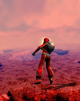 Prints of Astronaut on Mars facing a dust storm, computer artwork. Dust storms, which are similar to small tornadoes, are a frequent occurrence on Mars. Global dust storms sometimes enshroud the entire planet Images Dated 2005 March: Astronaut on Mars facing a dust storm Print