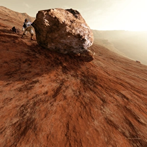Astronaut on Mars next to rock, artwork Astronaut on Mars next to rock, artwork