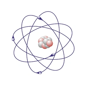 Prints of Beryllium, atomic model. Beryllium has five neutrons (white) and four protons (pink) in its nucleus (centre). The atom also has four electron (blue) orbiting the nucleus Images Dated 2010 November: Beryllium Atomic Model Print