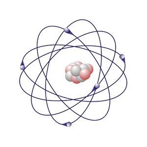 Prints of Boron, atomic model. Boron has six neutrons (white) and five protons (pink) in its nucleus (centre). The atom also has five electron (blue) orbiting the nucleus Images Dated 2010 November: Boron Atomic Model Print