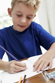 Young Artist At Work Prints: Boy drawing in an exercise book
