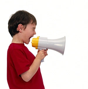 Prints of Boy shouting into a megaphone Images Dated 2008 September: Boy Shouting into a Megaphone Print