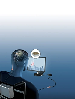 Prints of Brain-computer interface. Artwork showing a paralysed man using his thoughts to play a computer game Images Dated 2007 September: Brain-Computer Interface Print: A Paralysed Man Controls a Computer Game