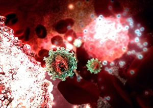 Human Immunodeficiency Virus Prints: Budding HIV particle, computer artwork