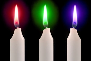 Prints of Candle flames. Conceptual image of three coloured candle flames representing the RGB (red, green and blue) colours that are combined to produce other colours Images Dated 2004 February: RGB Candle Flames Print