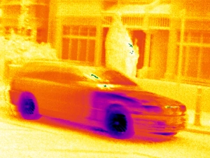 Prints of Car. Thermogram of a car parked in a street. The colours show variation in temperature. The scale runs from white (warmest) through red, yellow, green and blue to purple (coldest) Images Dated 2005 February: Thermogram Print of a Car