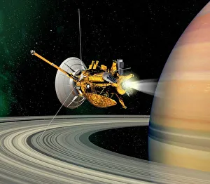 Cassini-Huygens probe at Saturn, artwork Cassini-Huygens probe at Saturn, artwork