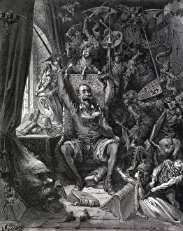 Print of Don Quixote in his library, 1863 French edition