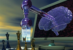Prints of Chess computer. Conceptual computer artwork representing a chess-playing artificial intelligence. Computers such as IBMs Deep Blue can now beat human grandmasters Images Dated 2003 April: Chess Computer Print
