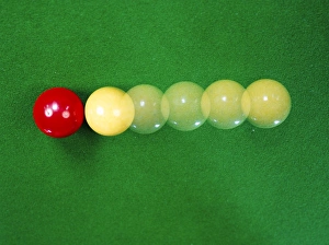 Prints of Billiard balls colliding, demonstrating principles such as conservation of momentum, and Newtons Laws of Motion Images Dated 2005 September: Classical Mechanics Billiard Balls Collision Print