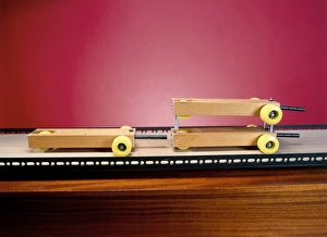 Prints of Collision experiment demonstrating linear motion Images Dated 2008 June: Collision experiment print demonstrating linear motion