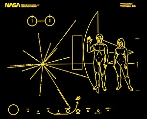 Coloured pictorial plaque on Pioneer 10 and 11 Coloured pictorial plaque on Pioneer 10 and 11