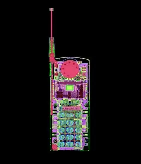 Images Dated 26th August 1997: Coloured X-ray of a mobile telephone