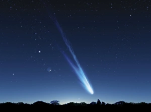 Prints of Comet in the night sky, computer artwork. Comets are bodies of ice and dust that enter the inner solar system from the outer solar system Images Dated 2009 June: Comet Print