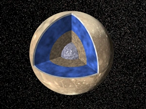 Computer art of Ganymede cut away to show interior Computer art of Ganymede cut away to show interior