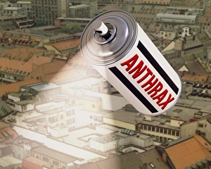Computer artwork of anthrax spray can over a city Computer artwork of anthrax spray can over a city