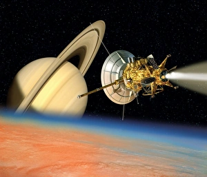Computer artwork of Cassini spacecraft over Titan Computer artwork of Cassini spacecraft over Titan
