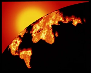 Computer artwork of Earth with burning continents Computer artwork of Earth with burning continents