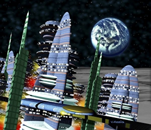 Computer artwork of Earth above a city on the Moon Computer artwork of Earth above a city on the Moon