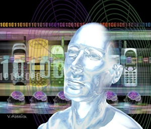 Computer artwork of mans head with mobile phones Computer artwork of mans head with mobile phones