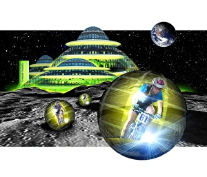 Computer artwork of men cycling from a Moon base Computer artwork of men cycling from a Moon base