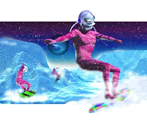 Computer artwork of men snowboarding on Titan Computer artwork of men snowboarding on Titan