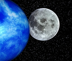 Computer artwork of full Moon and Earths limb Computer artwork of full Moon and Earths limb