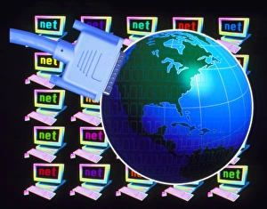 Computer artwork of networked computers and globe Computer artwork of networked computers and globe