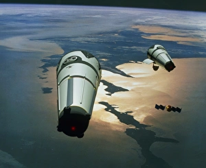 Computer artwork of Roton rockets in orbit Computer artwork of Roton rockets in orbit