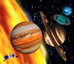 Computer artwork showing relative sizes of planets Computer artwork showing relative sizes of planets