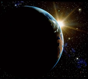 Computer artwork of sunrise over crescent Earth Computer artwork of sunrise over crescent Earth