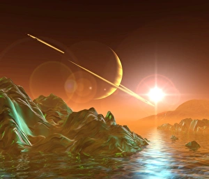 Computer artwork of Titans surface and Saturn Computer artwork of Titans surface and Saturn