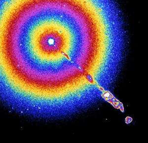 Computer-coloured view of jet in M87 active galaxy Computer-coloured view of jet in M87 active galaxy