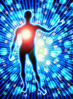 Computer graphic of a human figure with viruses Computer graphic of a human figure with viruses