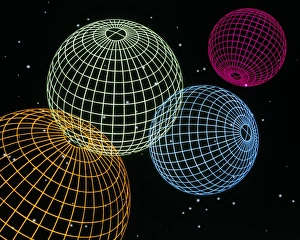 Computer graphics image of 4 wire-drawn spheres Computer graphics image of 4 wire-drawn spheres