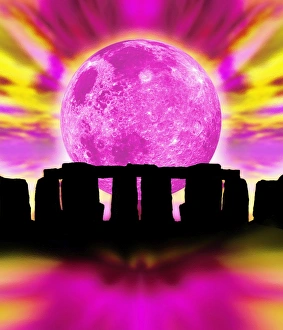 Computer illustration of Stonehenge and the Moon Computer illustration of Stonehenge and the Moon