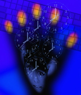 Prints of Computer overuse. Conceptual computer artwork of a hand and a computer keyboard superimposed with clocks and the face of a distressed woman Images Dated 2004 January: Computer Overuse Print: A Hand on a Keyboard