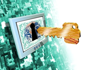 Prints of Internet security. Conceptual computer artwork of a key for a keyhole in a computer monitor that is displaying a picture of the world Images Dated 2004 June: Computer Security Print: Global Keyhole