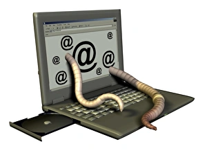 Prints of Computer worm. Conceptual computer artwork of worms emerging from a laptop computer screen. This could be used to represent malicious computer programs known as worms Images Dated 2006 August: Computer Worm Print - Emerging Digital Infestation